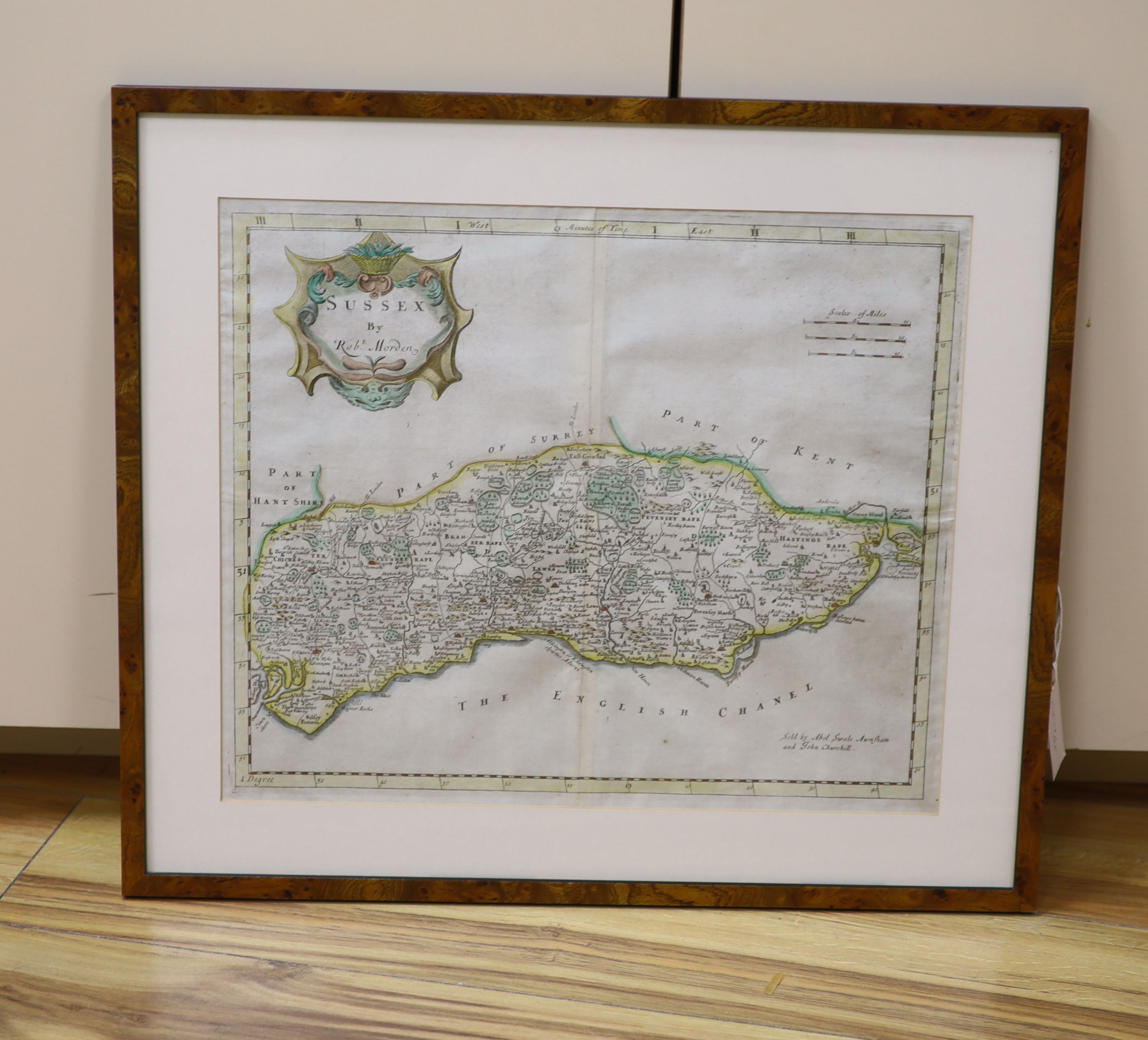 Robert Morden, coloured engraving, Map of Sussex, 36 x 42cm